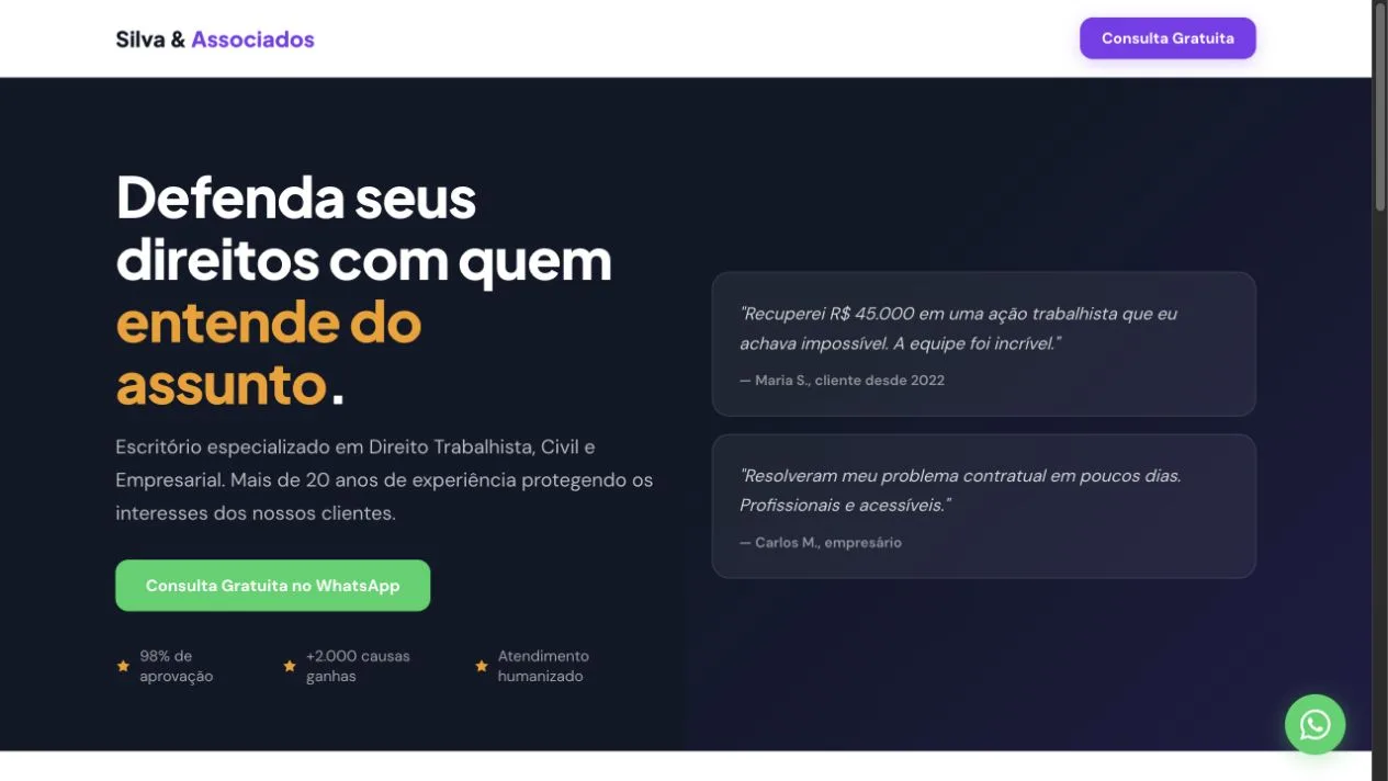 Captura real do modelo de landing page para escritório de advocacia