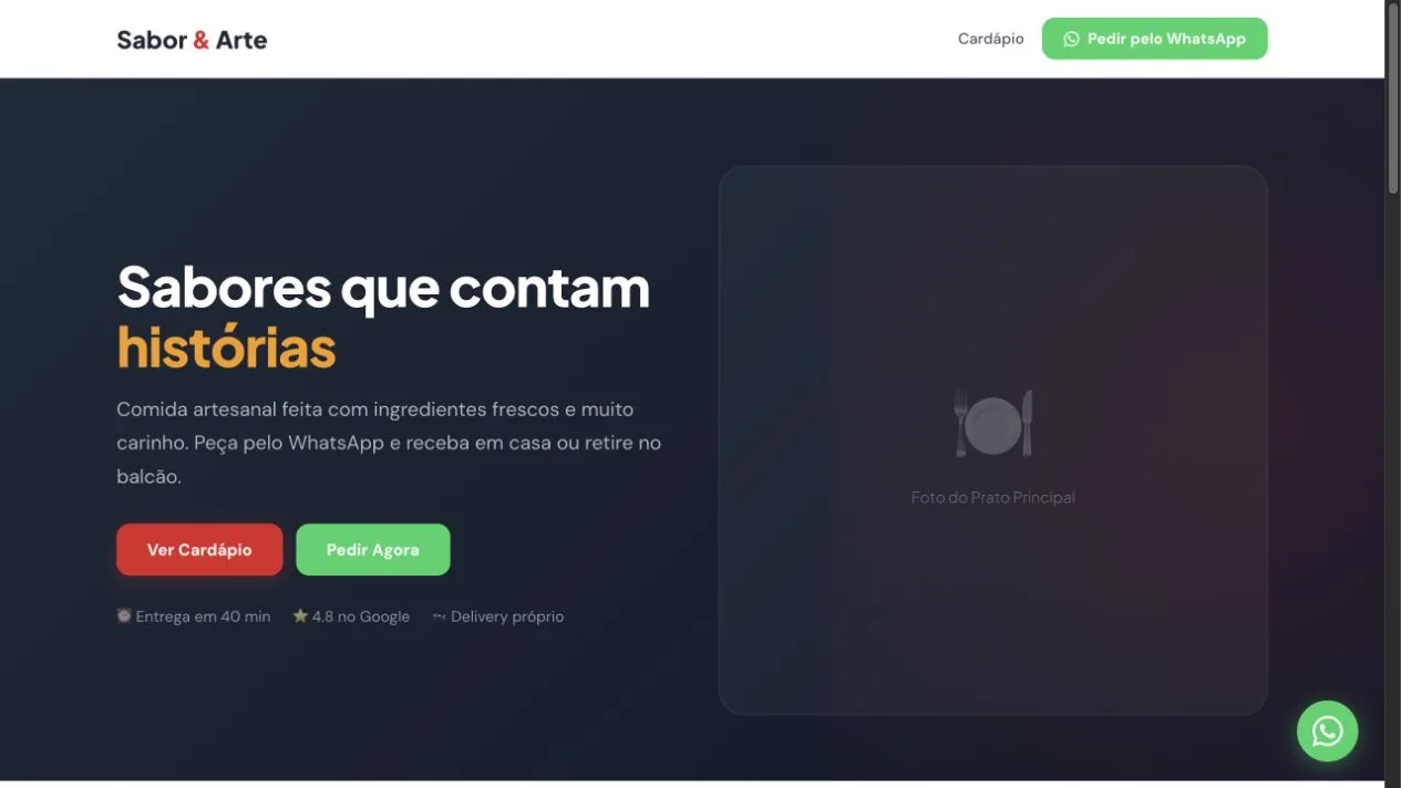 Captura real do modelo de landing page para restaurante e delivery